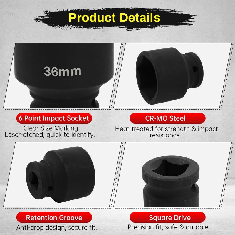 SUNKOO 1/2 Inch Drive 36mm Deep Impact Socket, CR-MO 6 Point Heavy Duty Metric Axle Nut Socket for Easy Removal of Axle and Wheel Hub Nuts - Image 3
